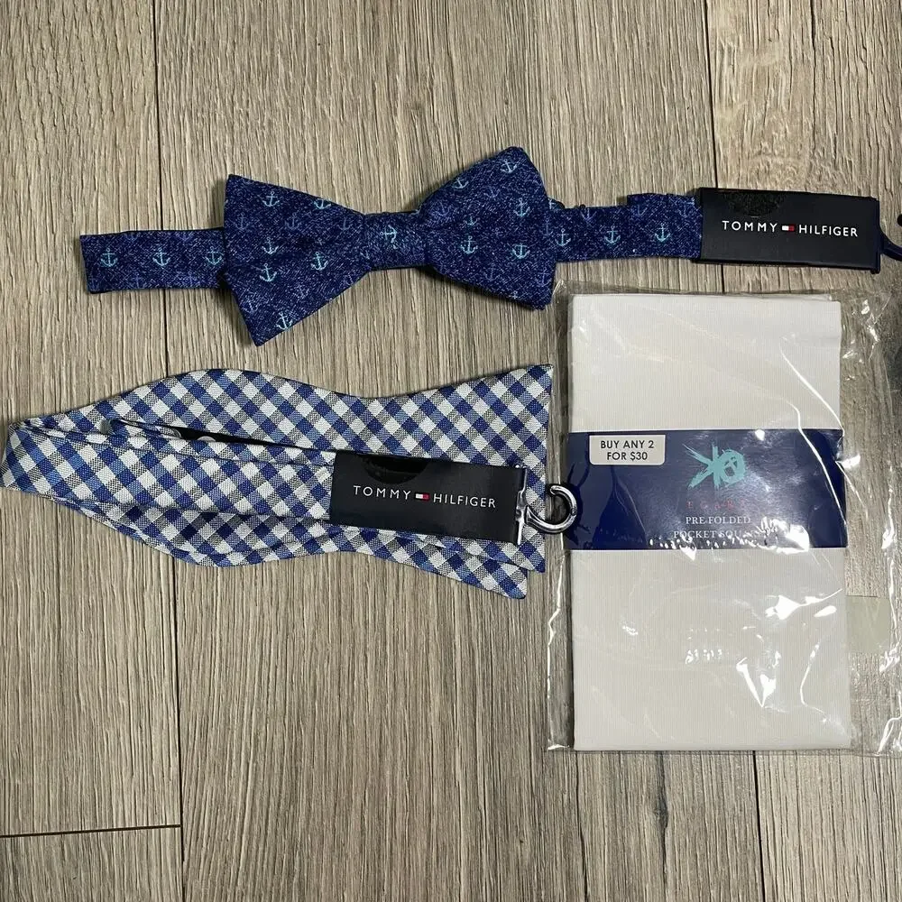 3pc 2 Tommy Hilfiger Linen Bow Ties 1 Egara Pocket Square - Blue & White - $119